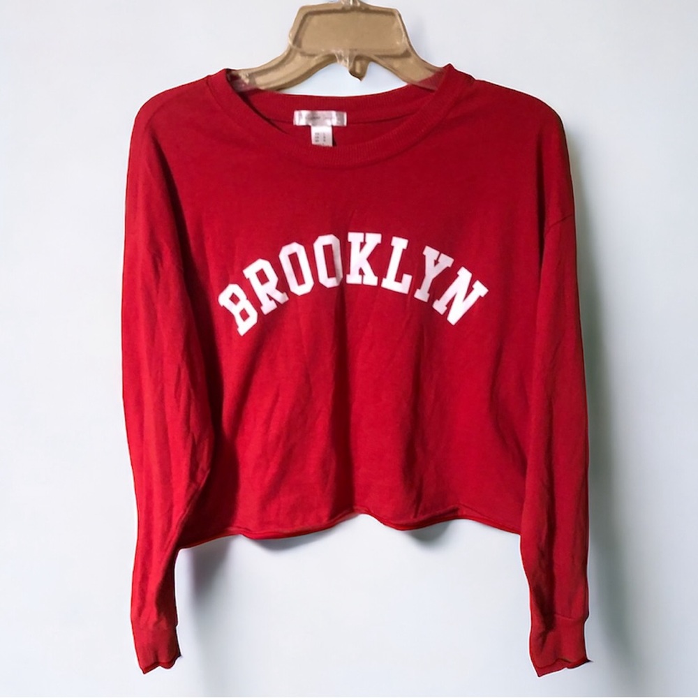 Cropped Red Brooklyn Long Sleeve Pullover Crew Neck Streetwear Society Large